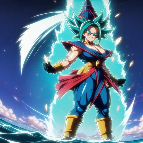 dbsuper style, 
Girl, green aura, super saiyan aura, belt, ocean-green colored hair, huge hair, bruise, bruise on face, clenched hands, frown, Mages hat, gloves, blue eyes, grey gloves, evil grin, medium breasts, huge muscular, solo, spiked hair, super sai...