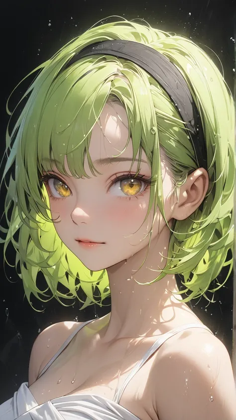 face details,semi realistic, Masterpiece, Master work, perfect , 4k, 1girl, young girl, wet hair, mature body, medium size breast, short hair, side parted hair style, showing forehead, wearing headband, neon green colored hair, yellow eyes, cool expression...