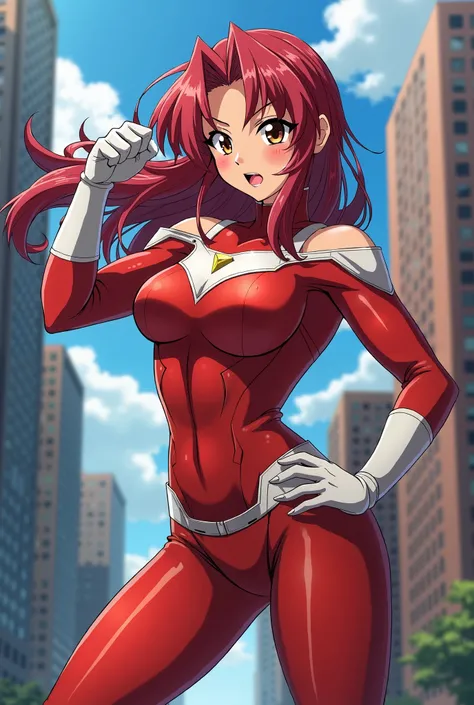  My Hero Academia style ,   anime girl , woman, young woman ,  full body shot ,( Fighting Stance :1.3),Long Hair,  red hair,   brown eyes , hero suit, Full Body Suit,  red suit with white details, perfect anatomy,  enhanced abs , super detailed,(building:1...