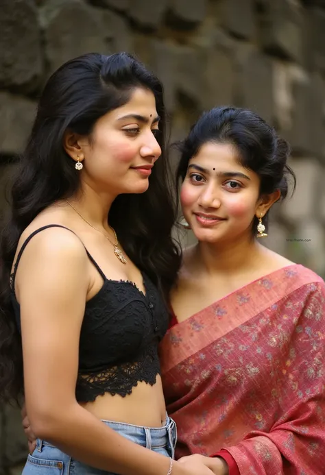 Day scene, Sai pallavi and Oldman, Indian black old man, couple pose, a Oldman and kajal in under the water fall, black lace bra and saree, detailed old man, old man gripping kajal waist,big cheeks, curvy, Hollywood lips, wet navel, deep cleavage, necklace...