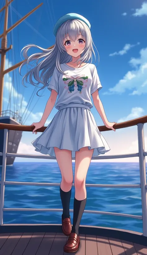 masterpiece,  best quality,  high definition ,  Very detailed,((( pretty girl with gray hair who has decided to pose))), ((( Japanese anime))), (((White printed T-shirt))), ((( white miniskirt ))), ((( black high socks))), ((( brown loafers))), (((evening)...