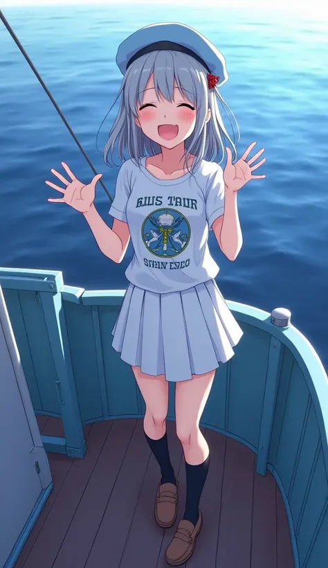 masterpiece,  best quality,  high definition ,  Very detailed,((( pretty girl with gray hair who has decided to pose))), ((( Japanese anime))), (((White printed T-shirt))), ((( white miniskirt ))), ((( black high socks))), ((( brown loafers))), (((evening)...