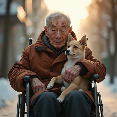 Front view, close-up close-up of the characters facial expression. A 60 year old pale gray-haired old man sitting in a wheelchair in Taiwan under the winter sun, accompanied by a very cute puppy beside the old man. The old man wears a brownish-red winter c...