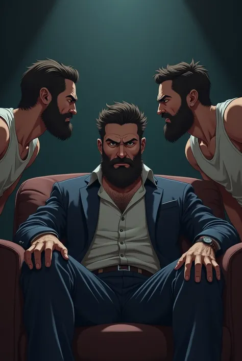 An imposing, bearded, attractive man sitting on a sofa with an annoyed expression,And next to him sat 3 tall boys, similar to him but younger (But adults), looking at him with hatred. Anime dark style. 