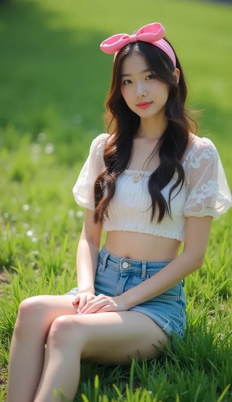 High angle photos, 4K professional photos of young Korean idols, beautiful women sitting with legs spread on the grass, long hair, pink headband, white lace crop top, puffed sleeves, decorated with a small pink bow and high-waisted shorts, very short jeans...