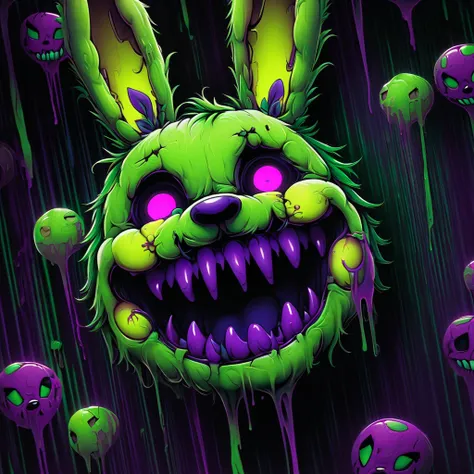 springtrap,complementary gradient of eerie green and purple neon hues , short ear