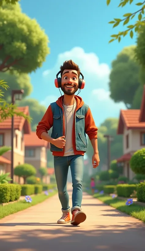 A man is walking on the road listening to songs with earphones on his ears. Pixar style 