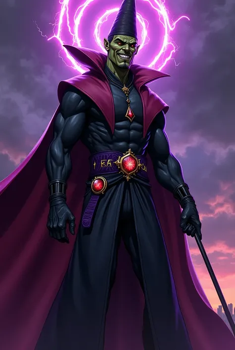 2d marvel comic artstyle, dr strange as a wicked wizard, evil laugh or smile, thick crooked eyebrows, green skinned, red eyes, tall, american, handsome, gigantic muscles, black dr strange stubble, short black dr strange slicked back hair, wearing tall blac...