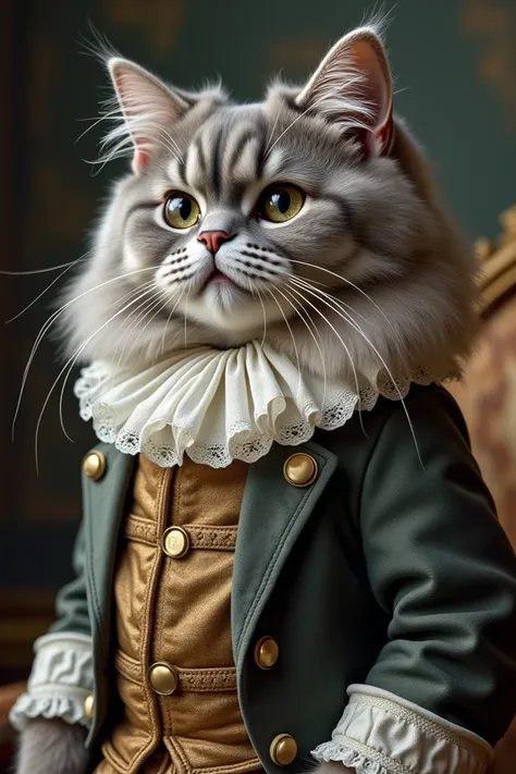  Portrait of a Persian big gray cat with long hair;  the flattened snout ; short nose ;  big round eyes spaced apart ;  with eighteenth-century clothes 