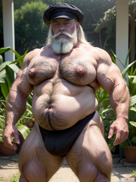 ((    Hyperrealistic image ))   old Polish peasant man very long white hair     ,   , a large gray moustache in the shape of a handlebar   , Bare and hairy chest,   bodybuilder over 80 years old who weighs more than 200 kg      , with huge saggy breasts wi...