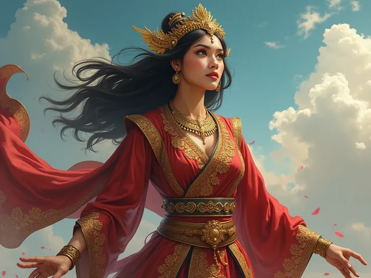 female hero from Indonesia, wearing clothes with batik ornaments, wearing a robe, surrounded by flying shawls, accessories on her head using gold ornaments, wearing ornamented beautiful half mask, floating in the sky, ((realistic image)), ((detailed face))...