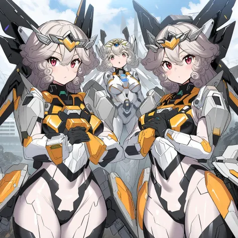 Anime, 3 girls, mecha bodysuit, mecha wings, mecha tiara, holding guns, matching bodysuits, curly hair ( Like Zangyia), curvy body