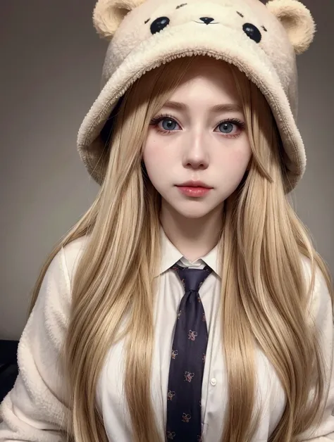 blonde woman with long hair wearing a bear hat and tie, with long blonde hair, artwork in the style of guweiz,  Ultra-realistic sweet rabbit ,  extremely pale blonde hair , guweiz,  Blonde anime girl with long hair , wig, long brown blonde hair, Belle Delp...