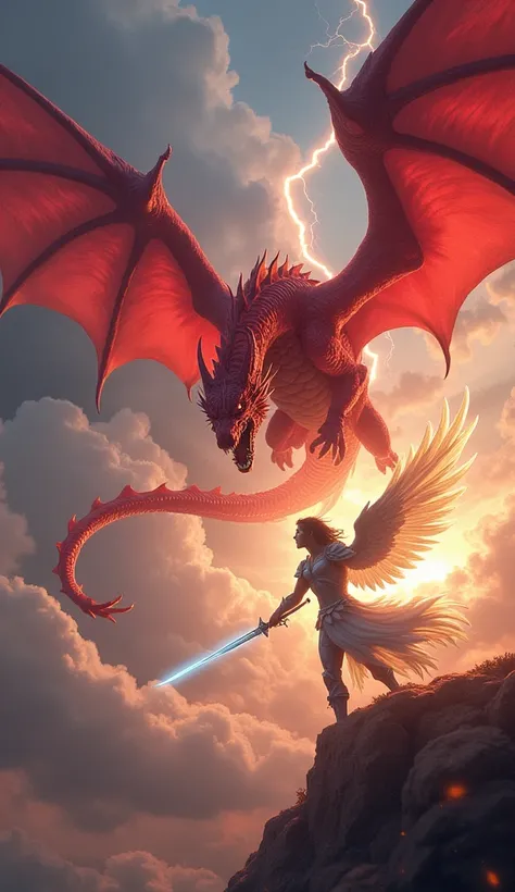 Archangel cutting fighting red dragon