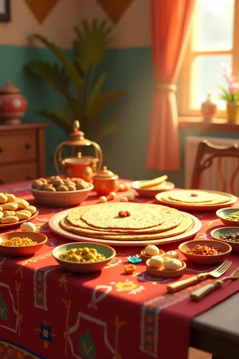 Indian roti table per Rakhi hun picture cartoon animation 3D mein