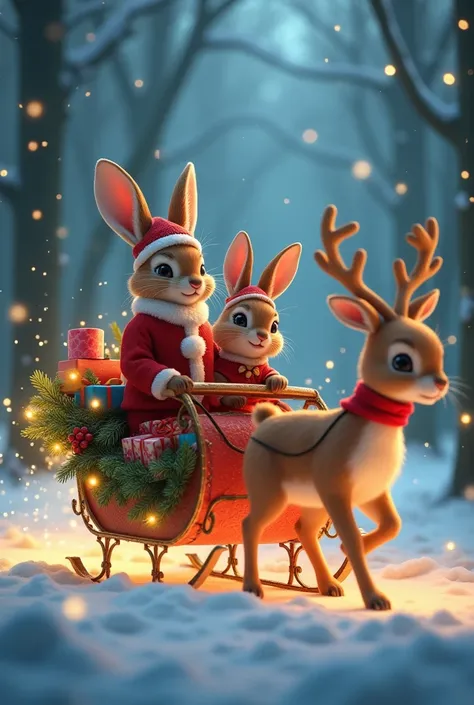  A male rabbit and a female rabbit Child wearing a Christmas costume，Drive a glowing Christmas sleigh pulled by reindeer at night。
 with colorful wrapped gifts ， and decorated with shiny Christmas lights and green wintergreen leaves 。
 The background is a ...