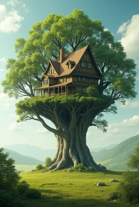 . You suddenly find yourself in a Amazing Field。 In front of you is a strange house ， sits on a large tree 。 The house is built around a large tree ， branches support house 。 Close up description of the scene ，Emphasis space 、 The interweaving of form and ...