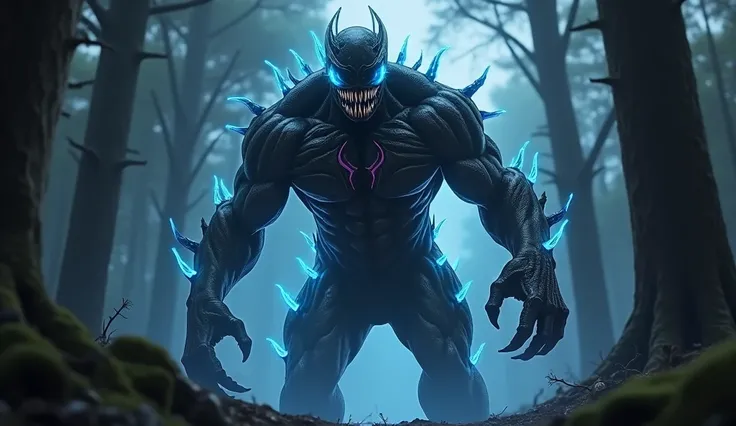 "Dr. Aryan, now transformed into a terrifying hybrid creature, stands in the dark forest. One side of his face is covered with black, slick, alien symbiote material, revealing glowing blue veins beneath his skin. His human eye remains intact, but the other...