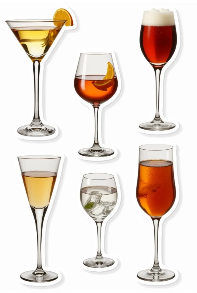  Collage of 6 stickers on a white background, Photo style rear image,  each shot is a different drink: martini, Oporto, cognac , beautiful glasses . a restaurant, luxury, nice background 