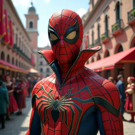 "A Spider-Man costume blended with Italian Renaissance influences, featuring ornate patterns, a high collar, and designs reminiscent of Venetian masks. The backdrop is a grand Italian piazza with a carnival celebration underway