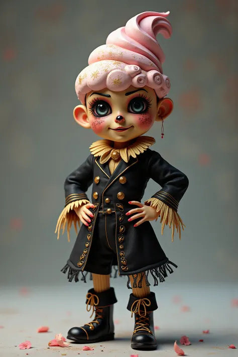 generate images of kawaii chibi character of (soft serve ice cream head) zany scarecrow with a horror fantasy theme,(hands on hips:1.5),clothes must be highly intricate gothic style , elegant, and visually striking, highly detailed leather boots, resemblin...