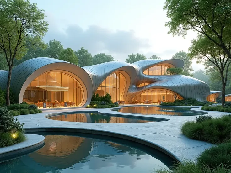  "Design a futuristic architectural model that showcases a blend of modern and organic elements. The structure should include intricate details like curved metallic exteriors, large glass panels, and flowing shapes inspired by nature. The environment aroun...