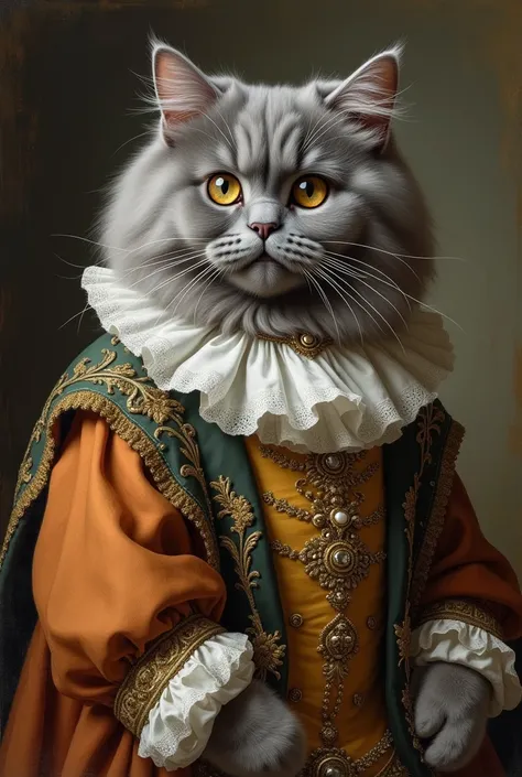  Portrait of a Persian big gray cat with long hair; il muso piatto; short nose ;  big round eyes spaced apart ;  with eighteenth-century clothes 