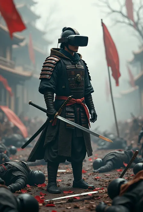 One Samurai in fighting position with VR glasses stands between fallen dead Ninjas on a battlefield, realistic