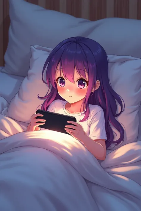 An anime girl playing a console video game in her lying bed