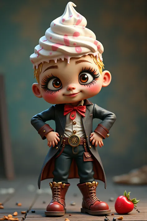 generate images of kawaii chibi character of (soft serve ice cream head) zany scarecrow with a horror fantasy theme,(hands on hips:1.5),clothes must be highly intricate steampunk style , elegant, and visually striking, highly detailed leather boots, resemb...