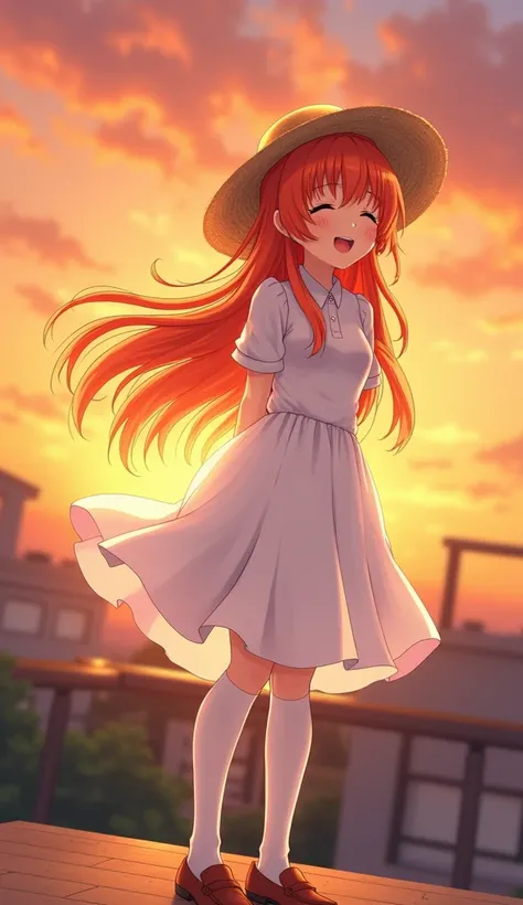 masterpiece,  best quality,  high definition ,  Very detailed,((( pretty girl with orange hair wearing a red light))), ((( Japanese anime))), ((( straw hat))), ((( white dress))), ((( white high socks ))), ((( brown loafers))), ((( With the sunset in the b...