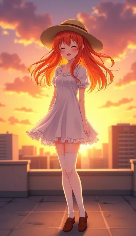 masterpiece,  best quality,  high definition ,  Very detailed,((( pretty girl with orange hair wearing a red light))), ((( Japanese anime))), ((( straw hat))), ((( white dress))), ((( white high socks ))), ((( brown loafers))), ((( With the sunset in the b...