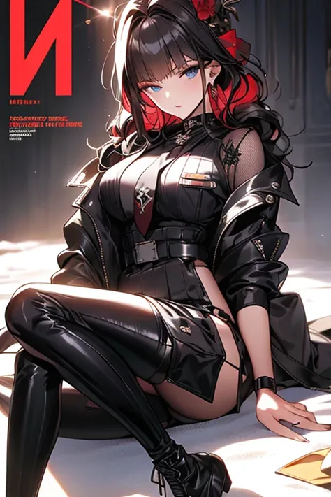 (masterpiece:1.2), (Military uniform magazine cover:1.4),best quality,PIXIV,Sweet girl , sexy posture,1girl, (perky chest:1.2), rolling upskirt by wind:1.6, (with sparkling eyes and a contagious smile),open mouth, (pointed chest:1.2),fishnets, black hair, ...