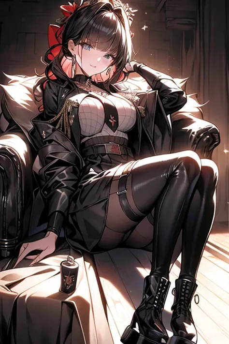 (masterpiece:1.2), (Military uniform magazine cover:1.4),best quality,PIXIV,Sweet girl , sexy posture,1girl, (perky chest:1.2), rolling upskirt by wind:1.6, (with sparkling eyes and a contagious smile),open mouth, (pointed chest:1.2),fishnets, black hair, ...