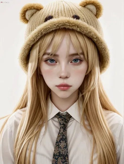 blonde woman with long hair wearing a bear hat and tie, with long blonde hair, artwork in the style of guweiz,  Ultra-realistic sweet rabbit ,  extremely pale blonde hair , guweiz,  Blonde anime girl with long hair , wig, long brown blonde hair, Belle Delp...