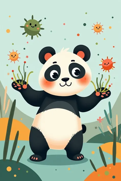 Un panda dessiné dans un style adapté aux enfants qui avec des microbes sur les mains