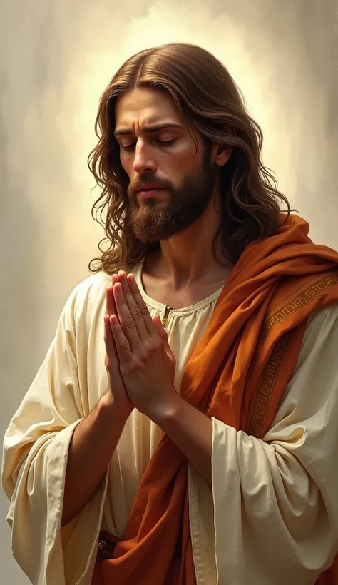 an illustration of Jesus Christ in a prayerful posture. Please ensure the following details are included: - Eyes: (should be closed) - Hands: (in a prayer position) - Background: (none, focus solely on the figure) Keep in mind the need for a respectful rep...