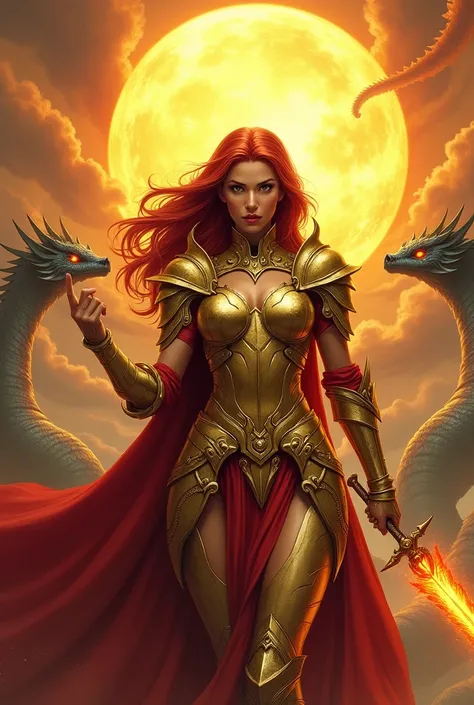 This is a highly detailed, digital illustration in a fantasy genre, featuring a powerful, armored warrior woman. The central figure has long, flowing red hair and piercing amber eyes, giving her a fierce and determined expression. She is clad in elaborate,...