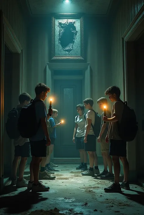 Give me an image of a group of young people around  who are in a room of an abandoned mansion and who have flashlights in their hands and a broken mirror appears in the room and who feel in a hurry and afraid and there is mold on the walls