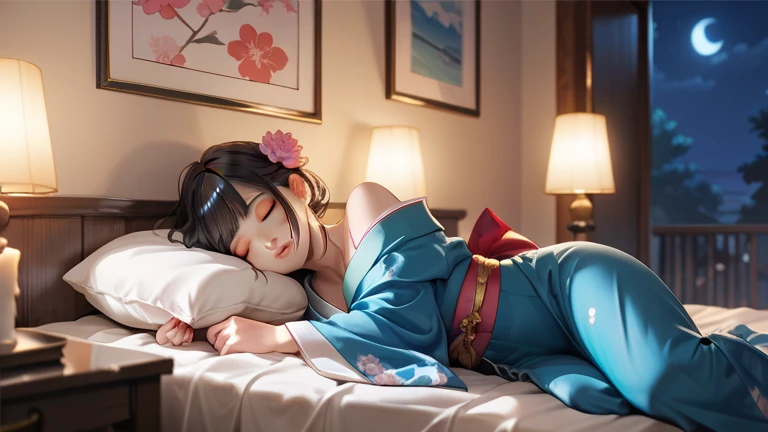 An image of a girl sleeping on a bed, wearing a sexy kimono, in a room at night, with a candle and a radio.