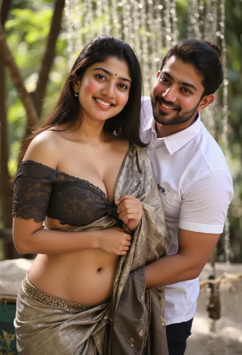 Day scene, Sai pallavi and Oldman, Indian black old man, couple pose, a Oldman and kajal in under the water fall, black lace bra and saree, detailed old man, old man gripping kajal waist,big cheeks, curvy, Hollywood lips, wet navel, deep cleavage, necklace...