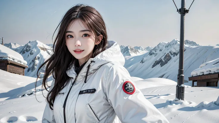 
Photorealistic , high resolution, 1 woman, Alone, Hip up , view viewers , ( detailed face), pure white winter parka , smiling, dark brown eye