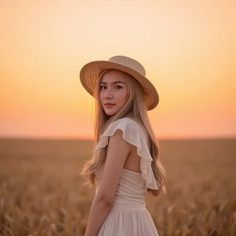 A portrait of a young Asian woman standing in a golden wheat field at sunset, wearing a soft beige sundress with ruffled details. She is accessorized with a straw hat, creating a warm, serene connection to nature, (8k, RAW photo, best quality, masterpiece:...