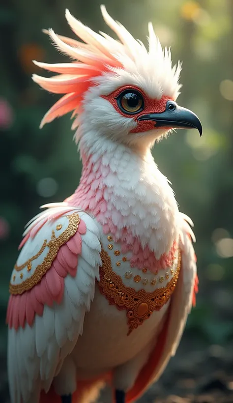 Create a highly detailed, fantasy-style illustration of an exotic bird with white and pink feathers. The birds body is adorned with intricate, decorative patterns resembling tribal or ornamental armor, with concentric shapes in shades of orange, red, and b...