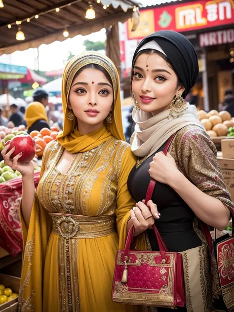 A beauty Aishwarya Rai with hijab, holding a handbag, shopping in the market, beautiful detailed eyes, beautiful detailed lips, extremely detailed eyes and face, (Large Huge Huge Fake breasts) long eyelashes, cheerful expression, perfect hands, handbag in ...