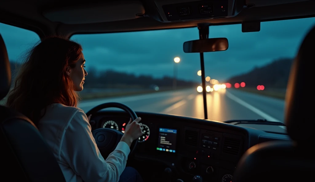 view from the cabin of a multi-ton truck on the highway , woman driving a view from the back  , she is wearing a white transparent blouse ,  hands on the wheel at night