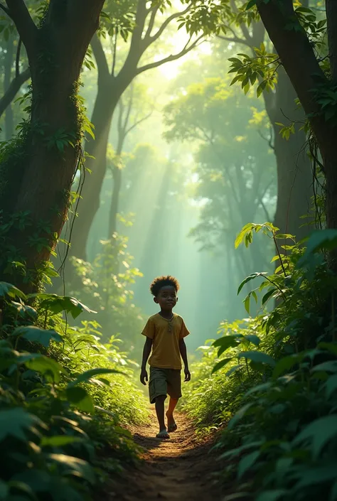 A Nigerian village boy wandering through the forest 