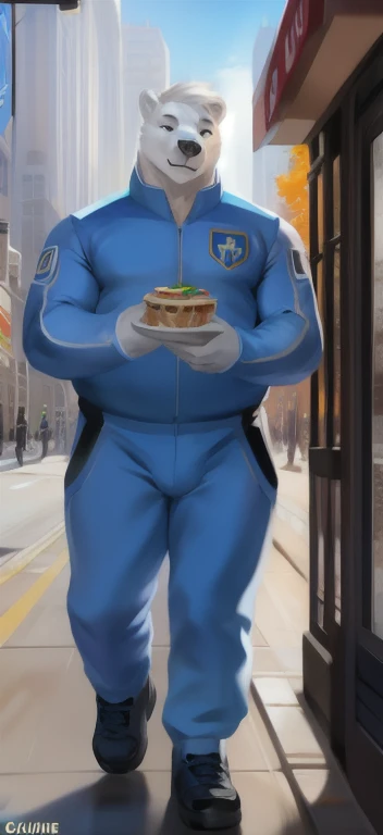 Solo, female Tall​,mannequin, standing, street,polar bear​,Head of the Food Club, blue military spacesuit, overweight, muscular, silent ,White ponytail,by chunie