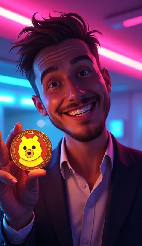 Investor Smiling And holding Pepe Coin Cryptocurrency, Neon Effect 