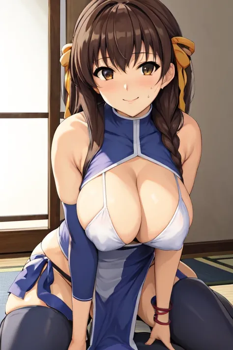 masterpiece, best quality, beautiful art, high resolution, well formed hands, body and fingers, 1 woman, solo, Haruhi Suzumiya, 31 years old, adult, grown up, large and big breasted, cleavage,  full body, braided long hair, blue_japanese_clothes, wearing D...